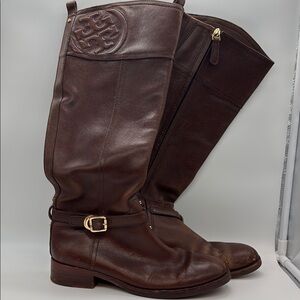 Tory Burch Dark Brown Leather Boots with Gold Buckle Sz 6.5